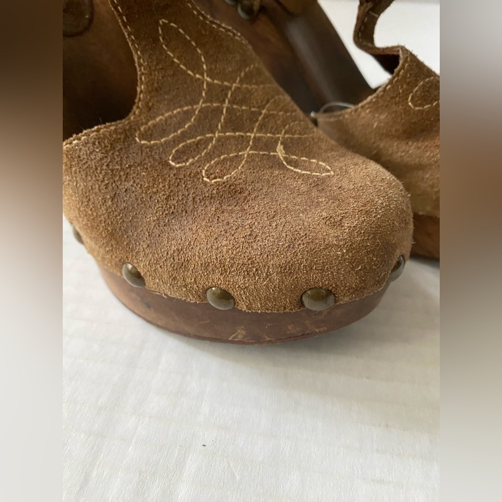 KORS Michael Kors Mary Jane Tan Suede Wood Platform Clog Sandal Size 8 1/2 - Picture 10 of 14